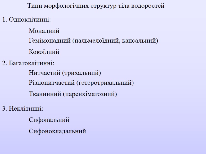 Типи морфологічних структур тіла водоростей 1. Одноклітинні: 2. Багатоклітинні: 3. Неклітинні: Монадний Гемімонадний (пальмелоїдний,